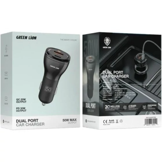 شارژر فندکی دو پورت Dual Port Car Charger 50W (PD 30W + QC 20W) گرین لاین