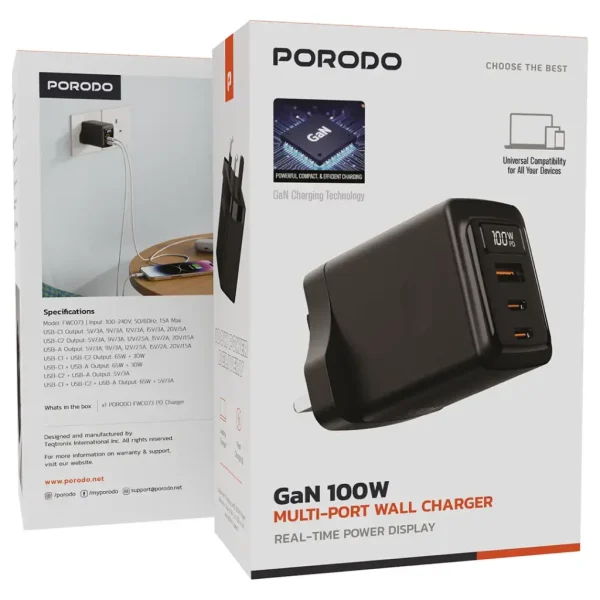 شارژر دیواری چند پورتی پرودو GaN 100 وات با فست شارژ هوشمند + کابل تایپ | PDFWCH073
