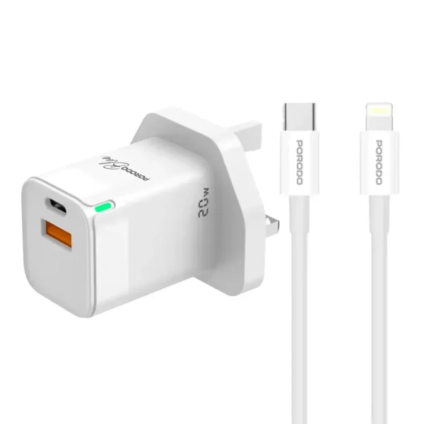 شارژر Porodo Blue Ultra Quick 20W | آداپتور USB-A + USB-C با کابل همراه PBFWCH036WHL