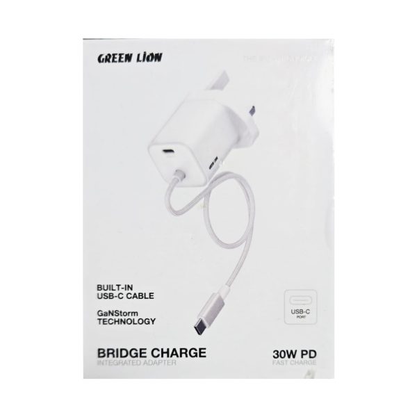 شارژر گرین لاین 30 وات GaN کابل سرخود مدل GNBRGAN30WWH