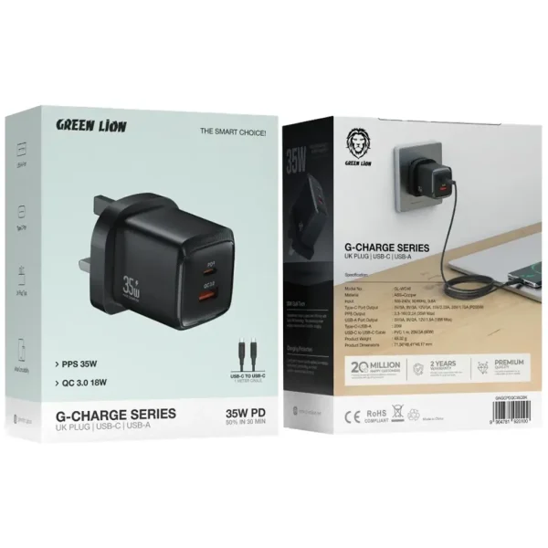 شارژر گرین لاین 35 وات دو پورت UK مدل GNGCPDQC35
