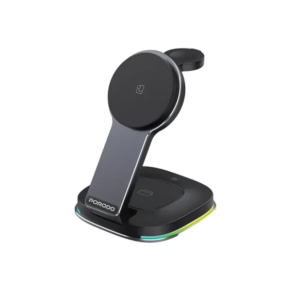 استند شارژ وایرلس مگ سیف RGB دار سه منظوره پرودو مدل Porodo compact folding FWC063