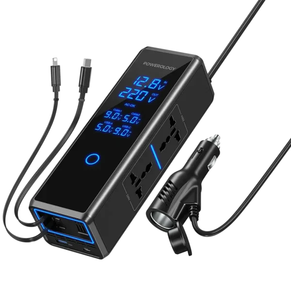 اینورتر فندکی خودرو 300 واتی پاورولوژی با صفحه نمایش با کابل جمع شونده مدل Powerology PWCPI300W