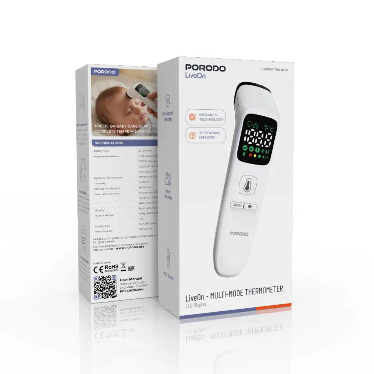 تب سنج دیجیتال پورودو مدل PDFCIR202WH | Porodo LiveOn – MULTI-MODE THERMOMETER LED Display