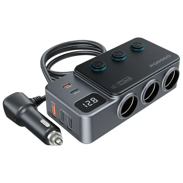 شارژر فندکی خودرو 120 وات پرودو مدل Porodo 120W Car Charger Hub Triple-Port PDFWCH070DG