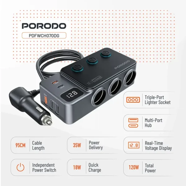 شارژر فندکی خودرو 120 وات پرودو مدل Porodo 120W Car Charger Hub Triple-Port PDFWCH070DG