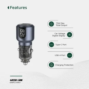 شارژر فندکی گرین لاین دو پورت 75 وات مدل Green Line 75W Dual-Port Car Charger GNDPCC75W